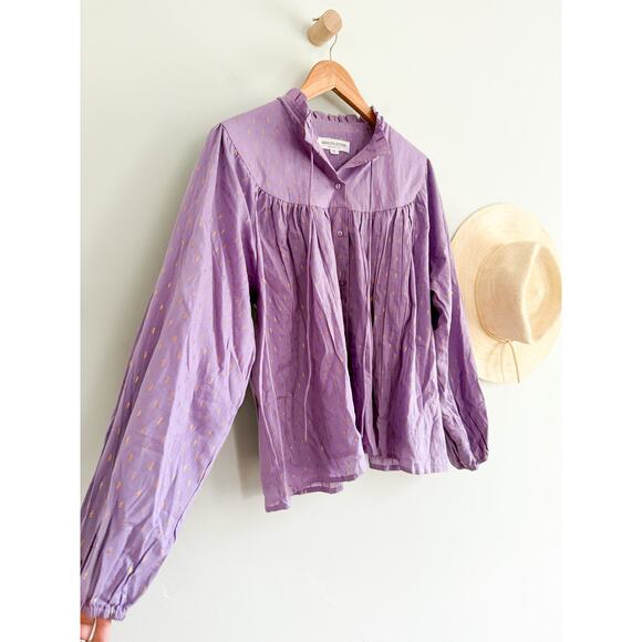 Emerson Fry India Collection | Emmaline Blouse Lavendula Gold Dot Lurex | Sz M - Picture 3 of 9